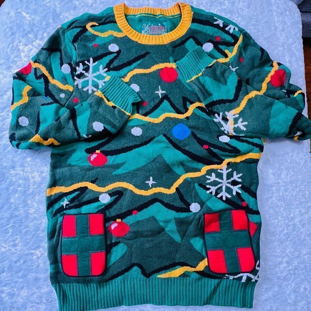 Ugly Christmas Sweater Womens Green Christmas Tree Pockets Knit Sweater XL NWOT